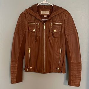 Michael Kors Women’s Brown Leather Hooded Moto Full Zip Jacket, XS
